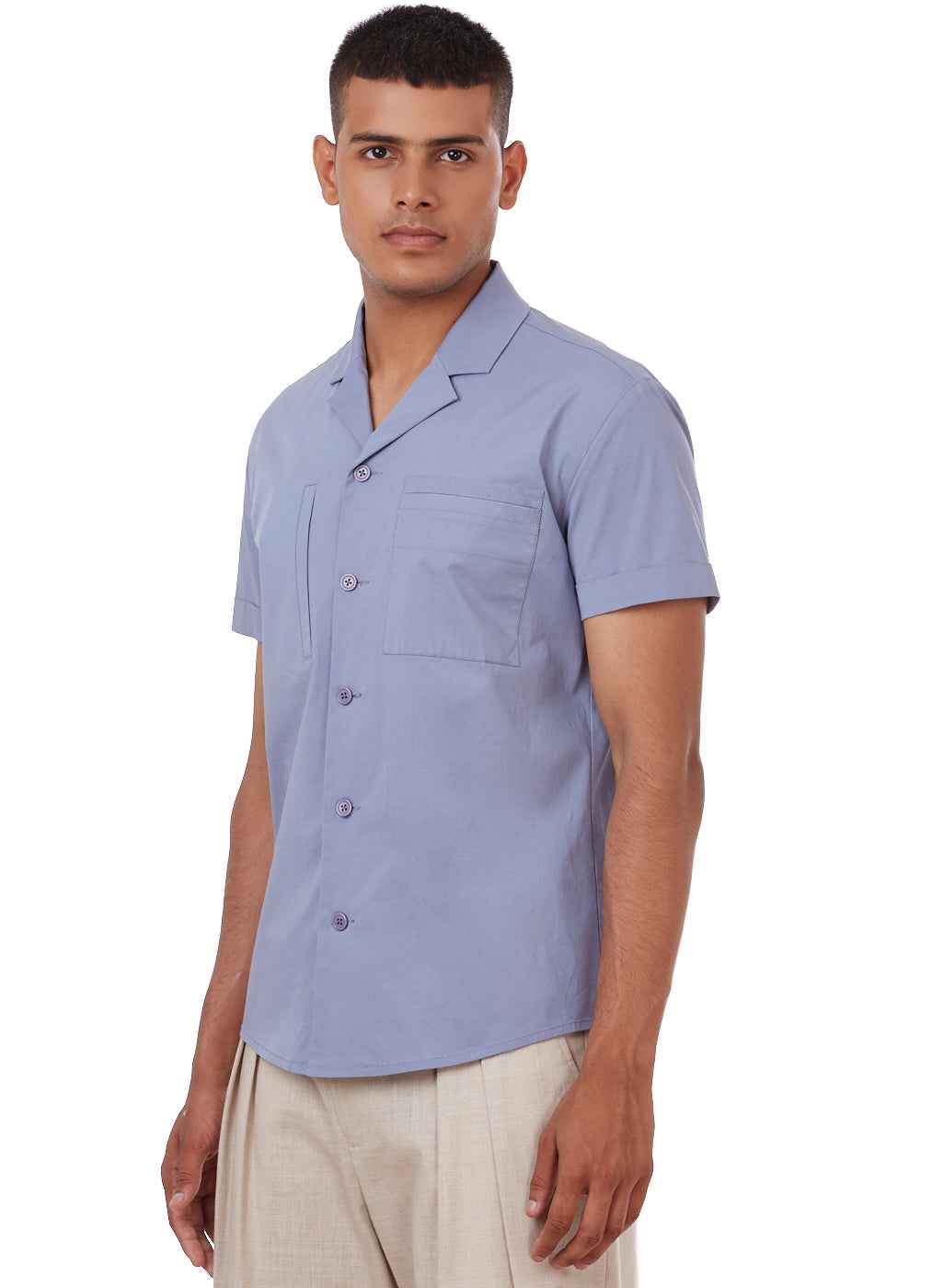 Men's Sky Blue Cuban Collar Short Sleeve Shirt