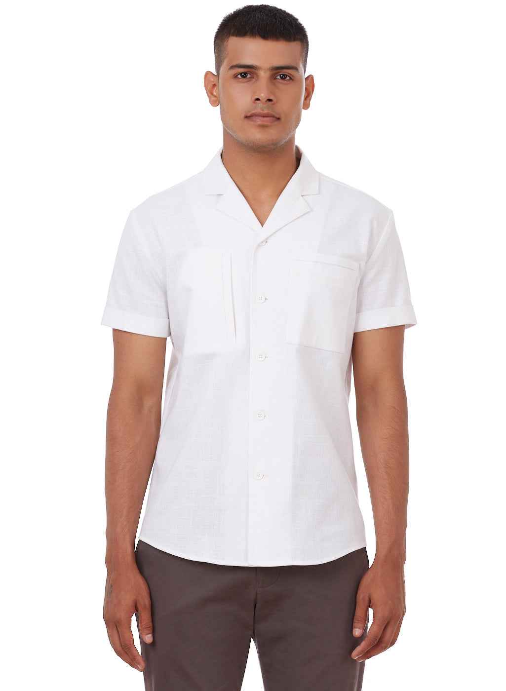 Men's White Cuban Collar Short Sleeve Shirt