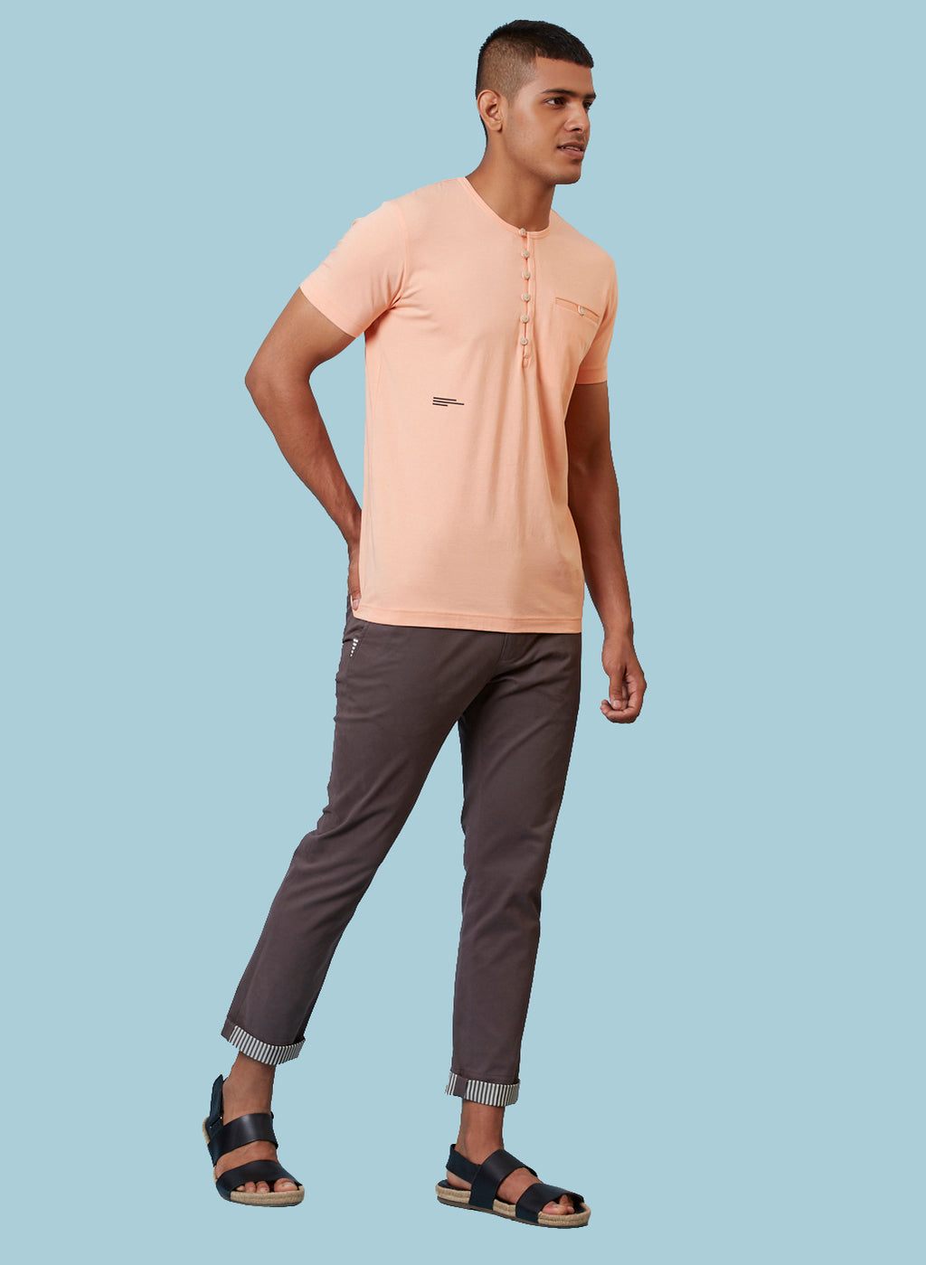 Peach Buttoned Henley Neck T-Shirt