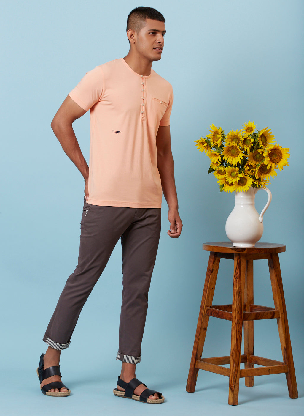 Peach Buttoned Henley Neck T-Shirt