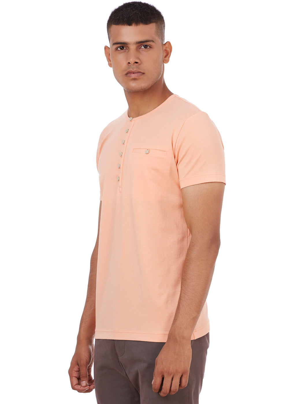 Peach Buttoned Henley Neck T-Shirt