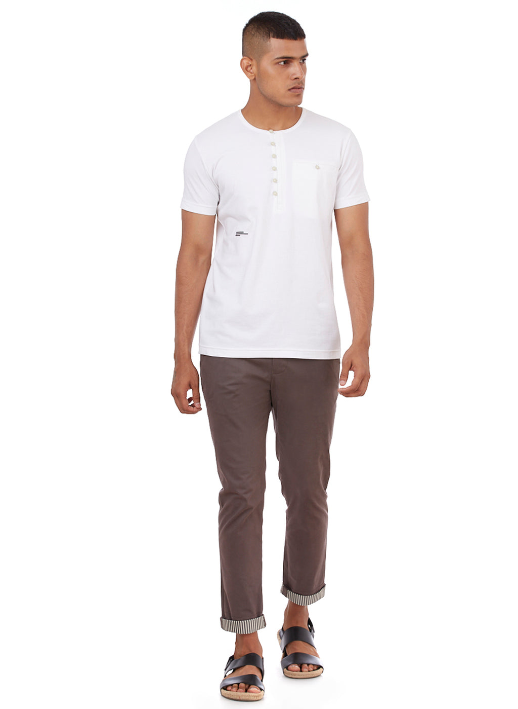 White Henley Neck Buttoned T-Shirt