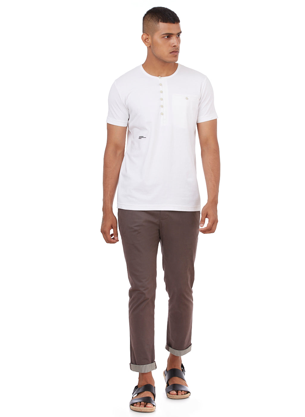 White Henley Neck Buttoned T-Shirt