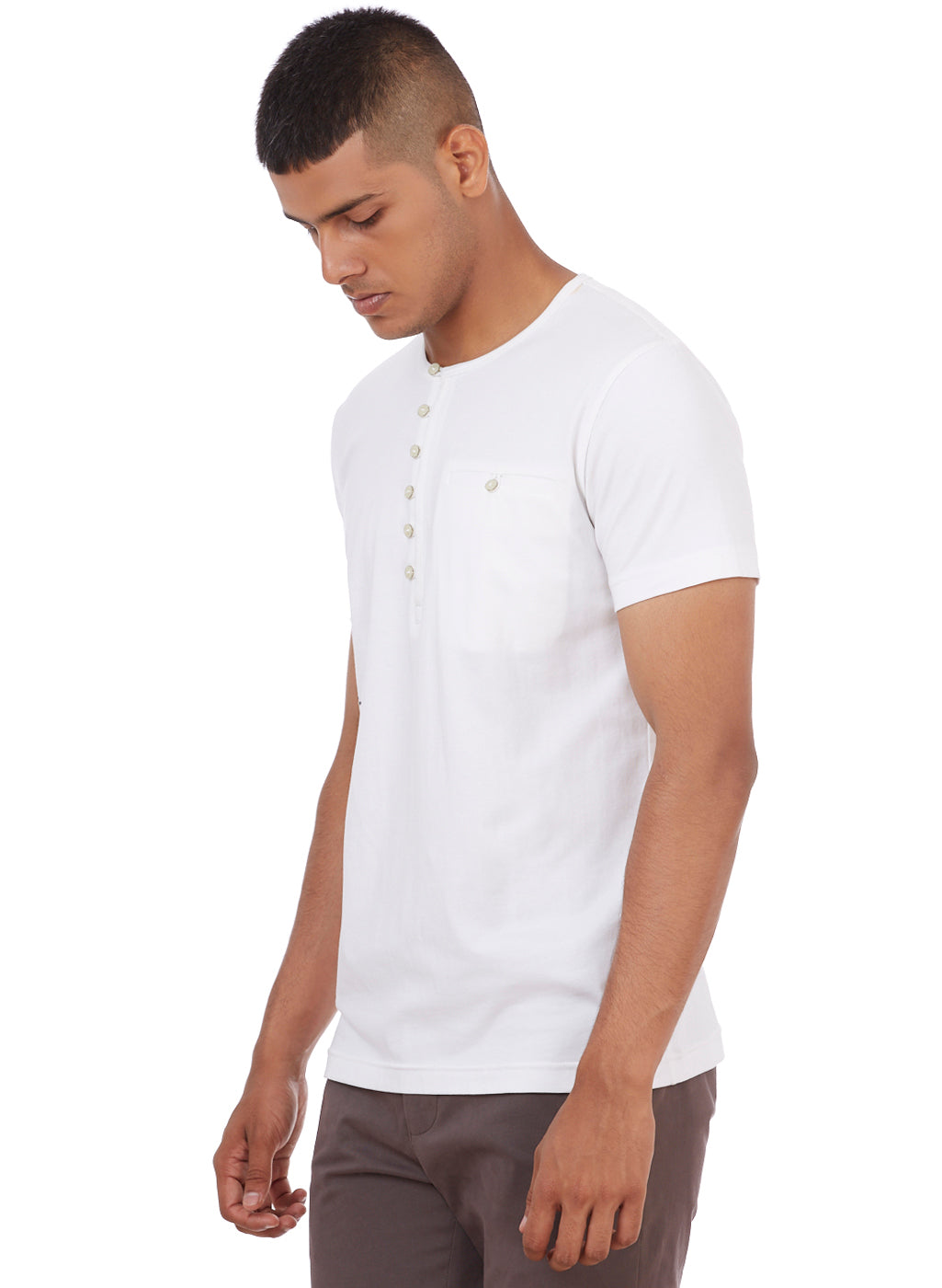 White Henley Neck Buttoned T-Shirt