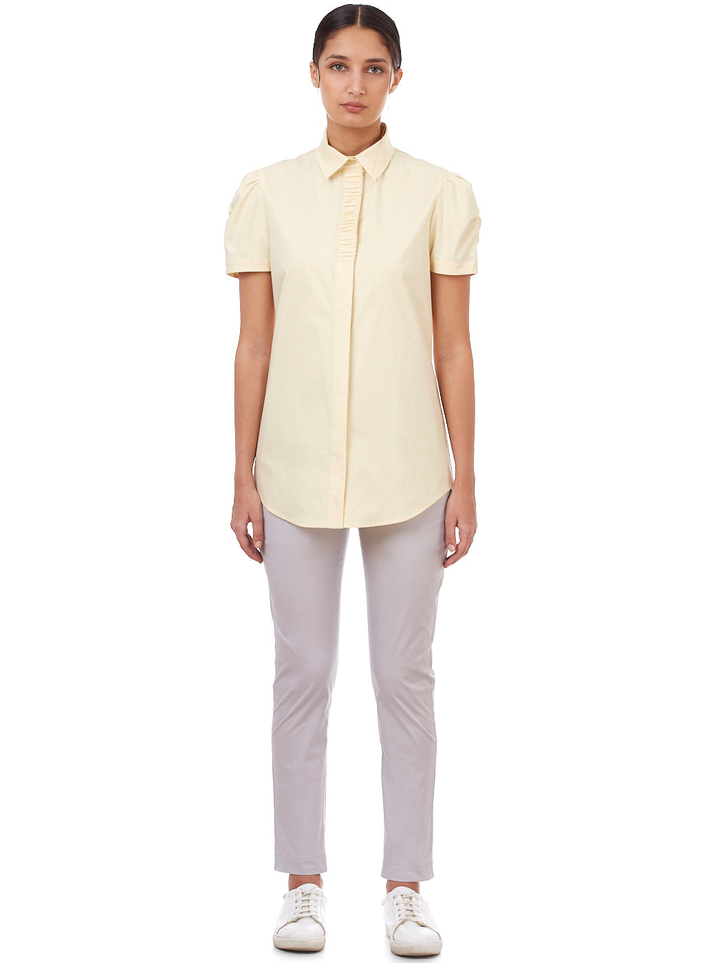 Soft Yellow Puff Sleeve Formal Shirt for Women