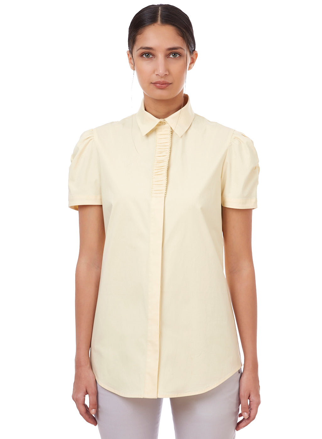 Soft Yellow Puff Sleeve Formal Shirt for Women