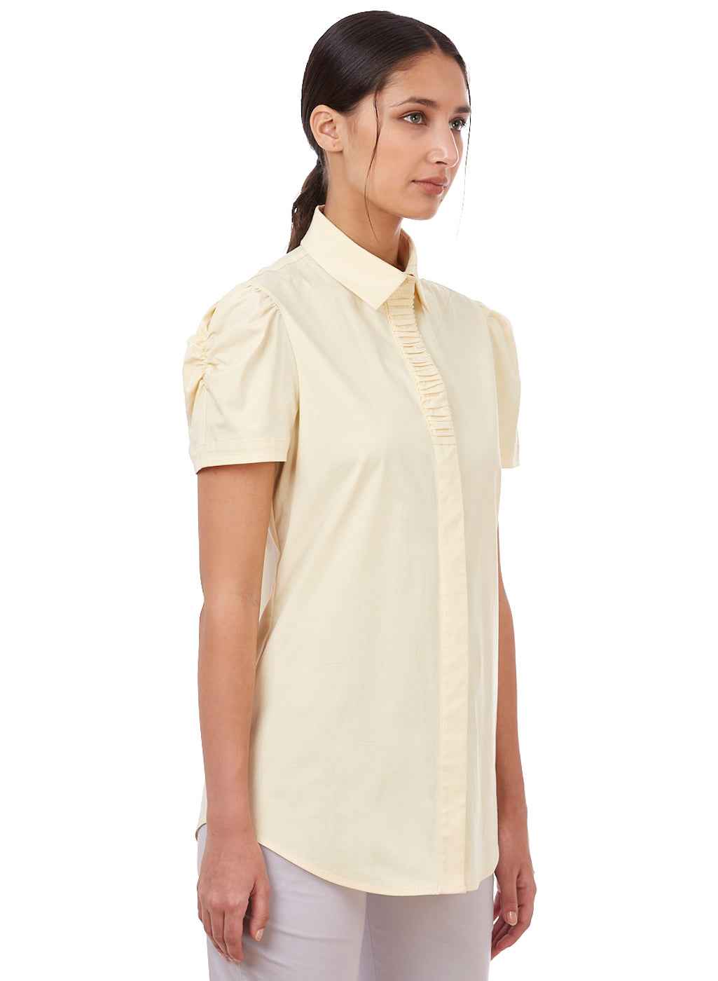 Soft Yellow Puff Sleeve Formal Shirt for Women