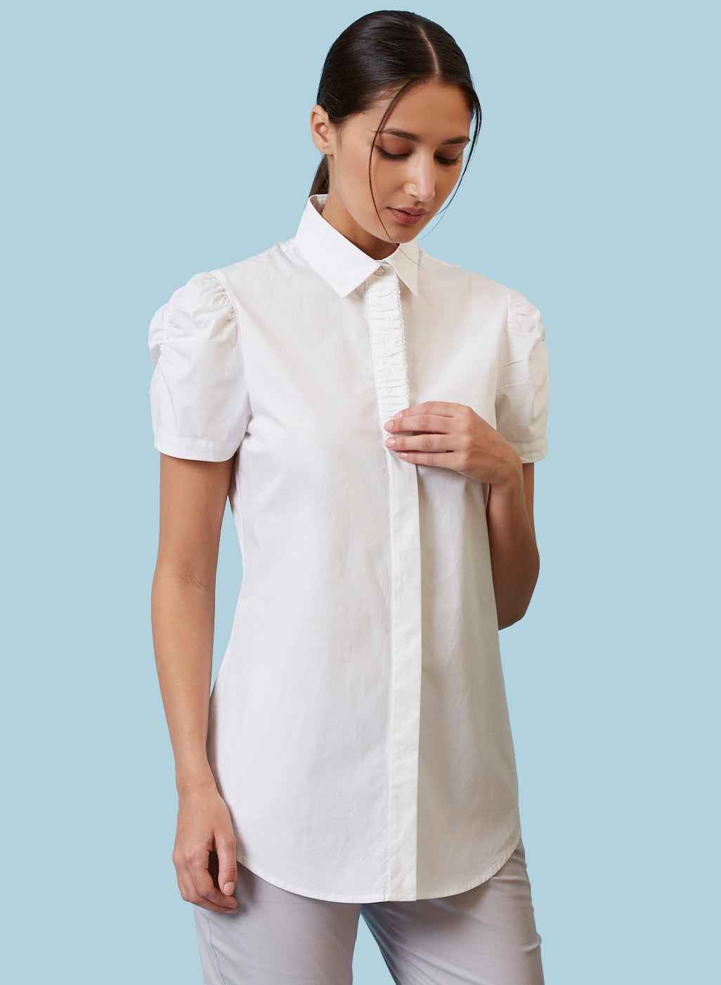 Soft White Puff Sleeve Formal Shirt for Women