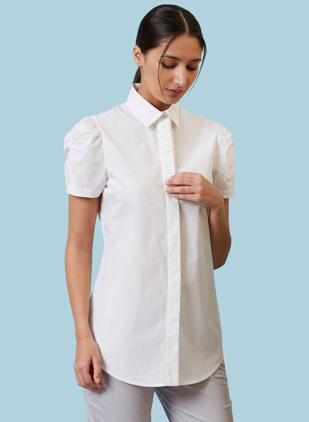 Soft White Puff Sleeve Formal Shirt for Women