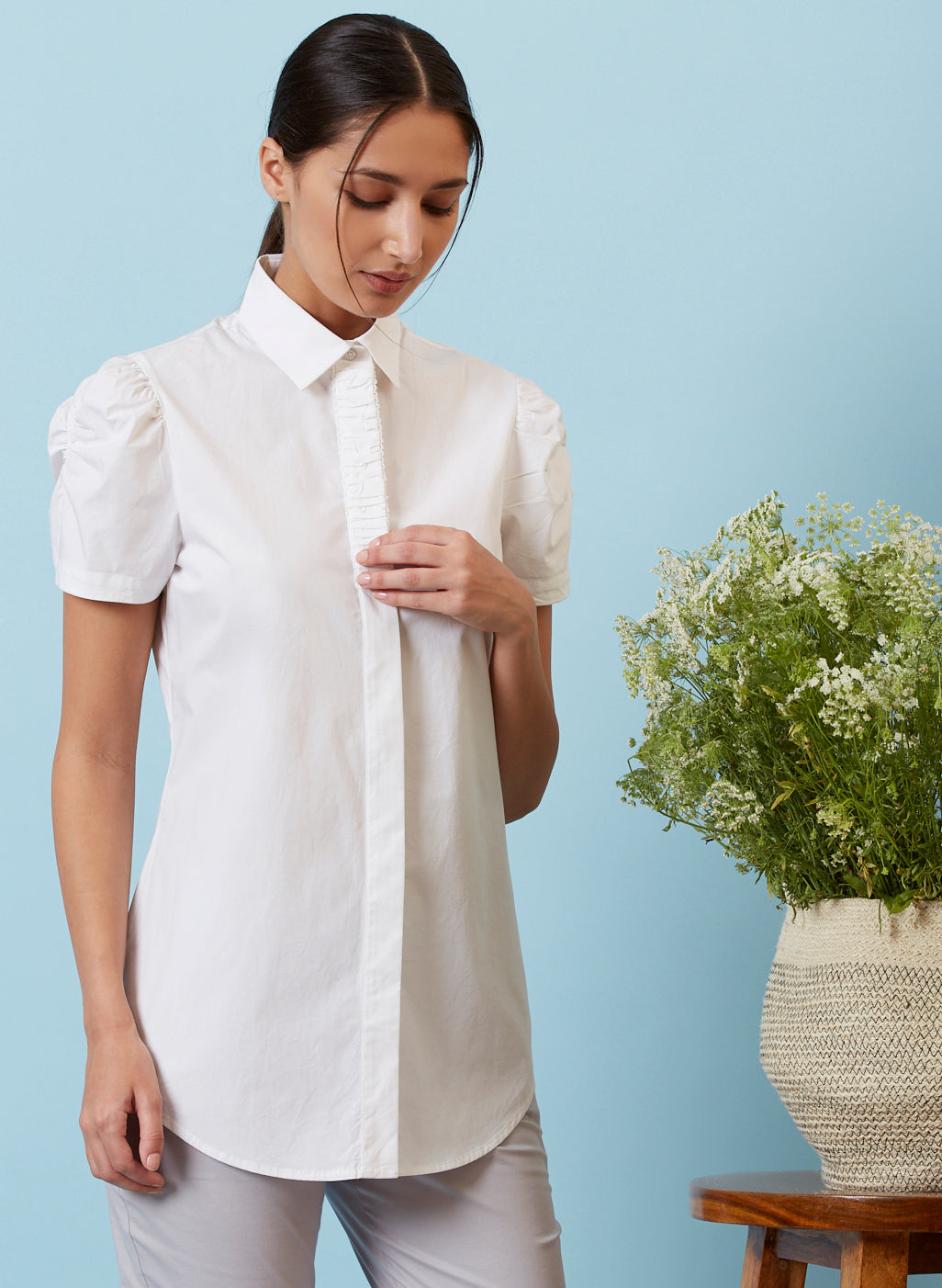 Soft White Puff Sleeve Formal Shirt for Women