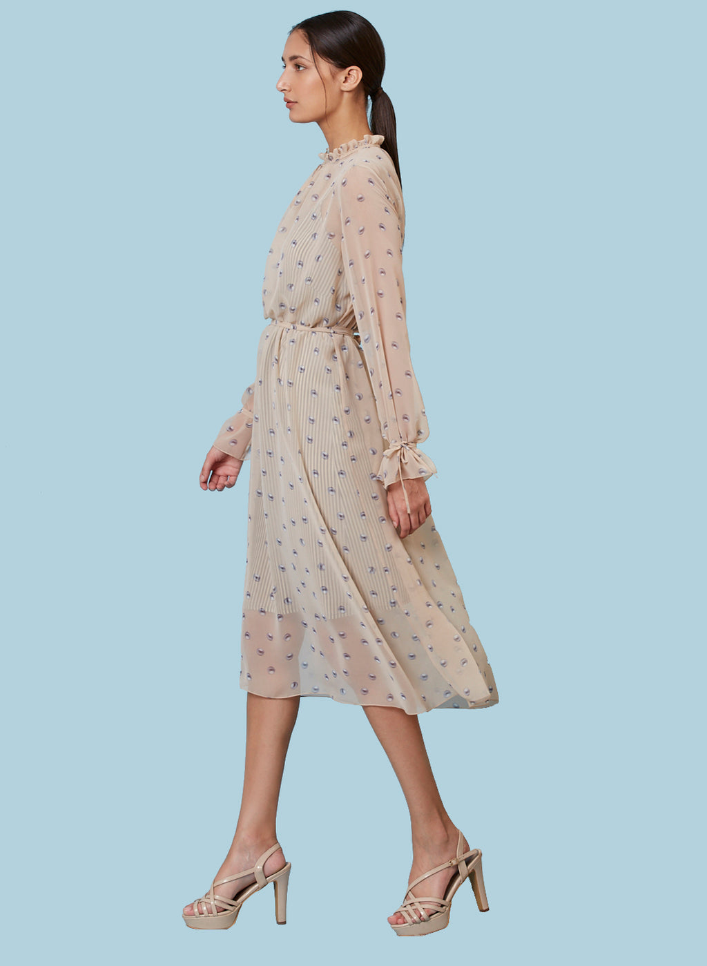 Sheer Printed Midi Dress with Ruffle Neckline