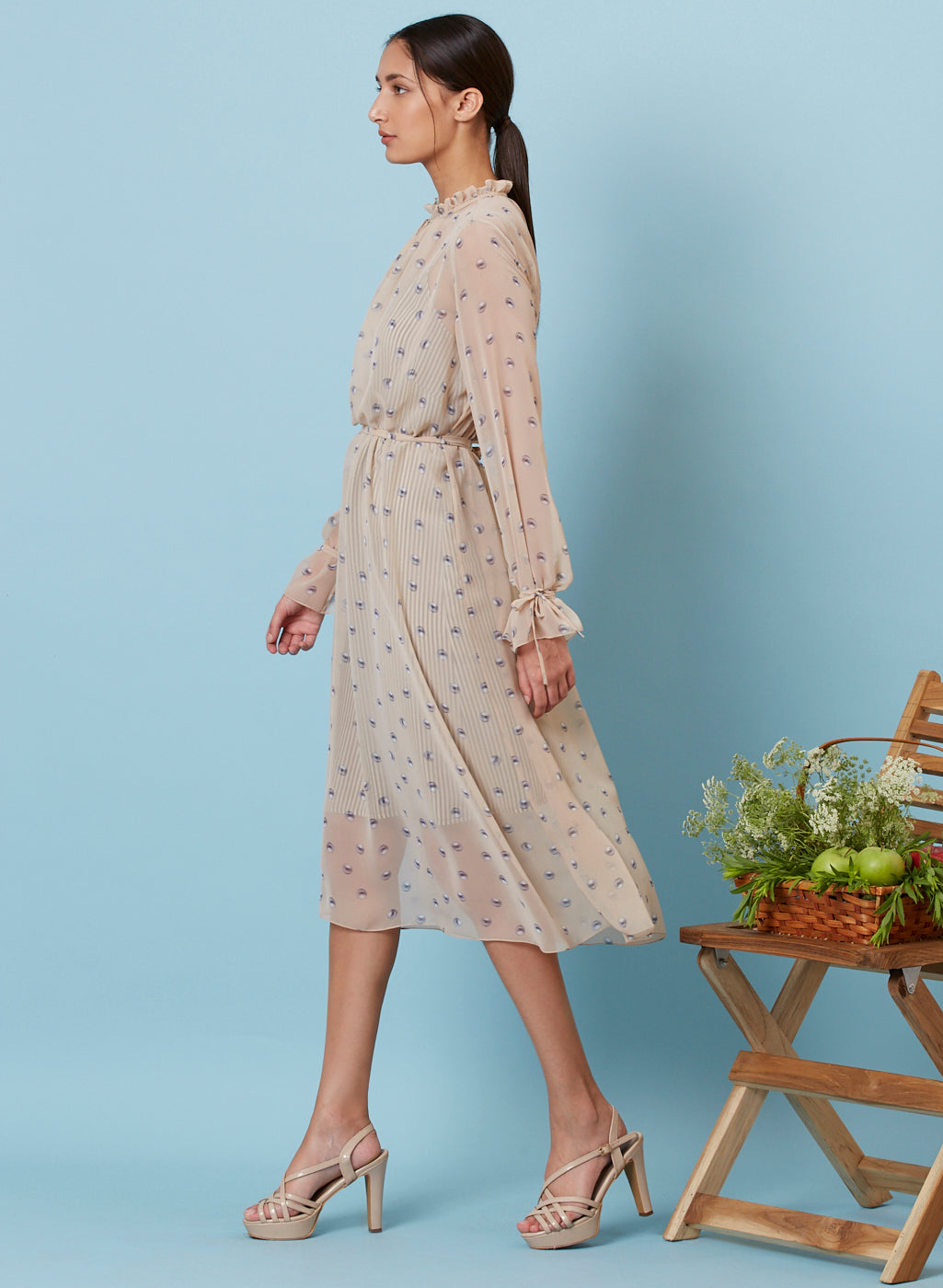 Sheer Printed Midi Dress with Ruffle Neckline