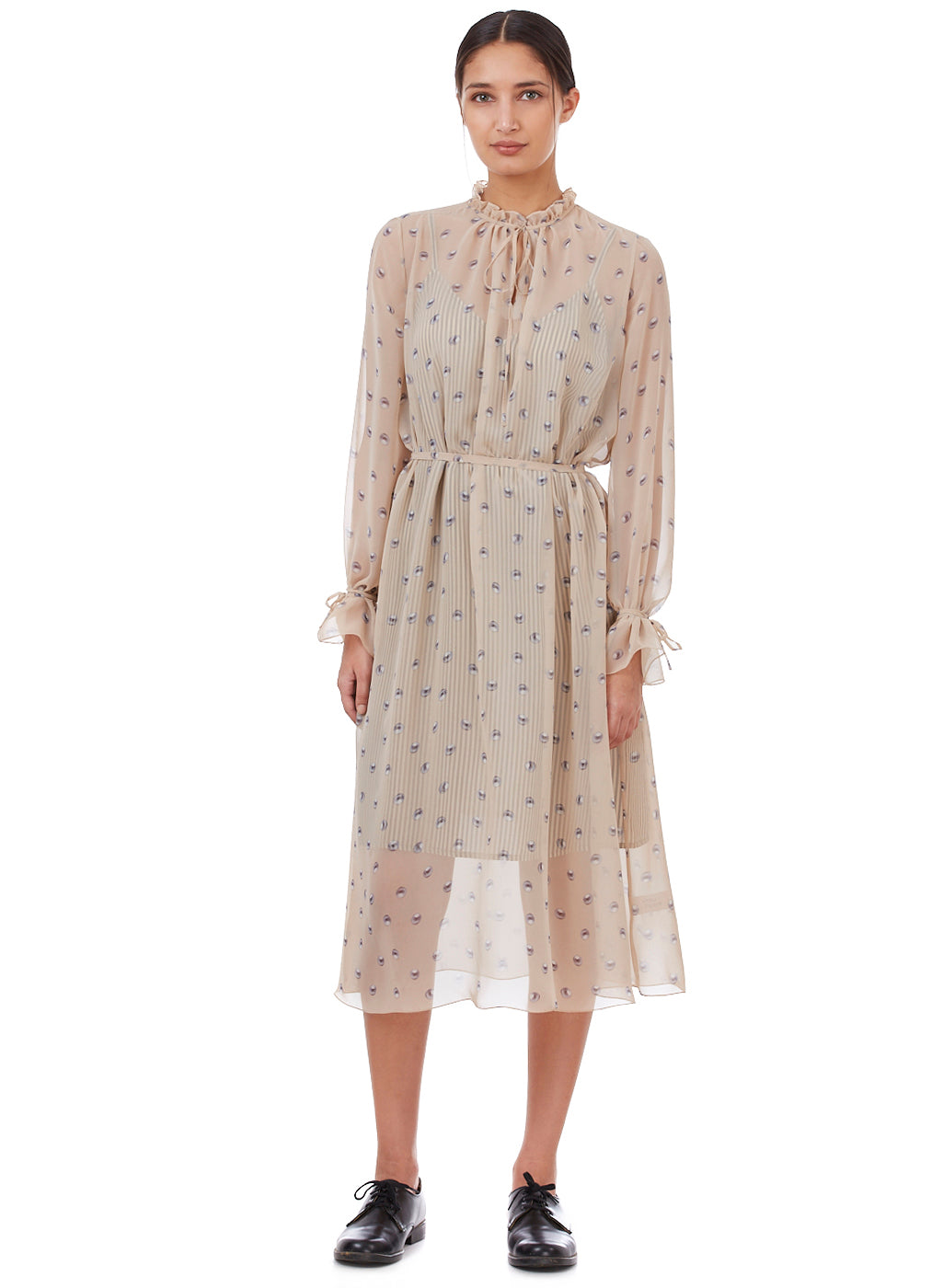 Sheer Printed Midi Dress with Ruffle Neckline