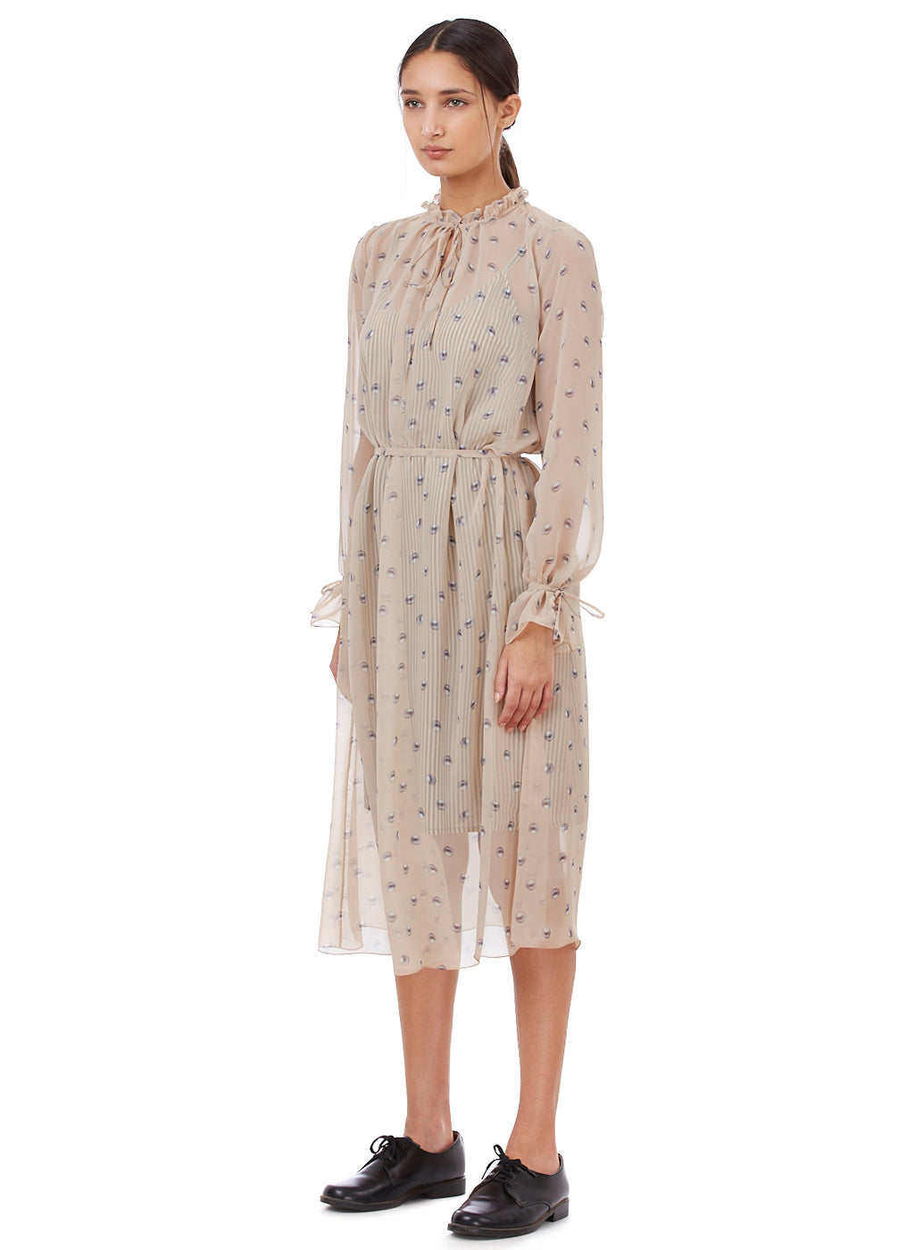 Sheer Printed Midi Dress with Ruffle Neckline