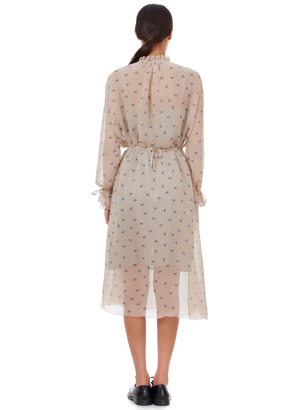 Sheer Printed Midi Dress with Ruffle Neckline