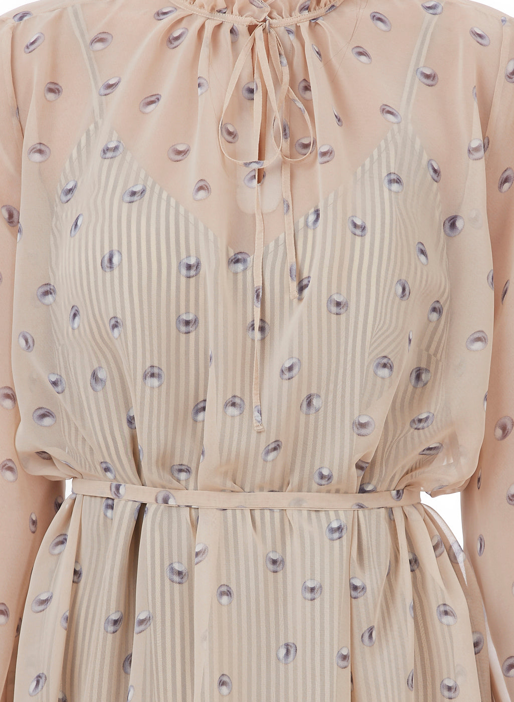 Sheer Printed Midi Dress with Ruffle Neckline