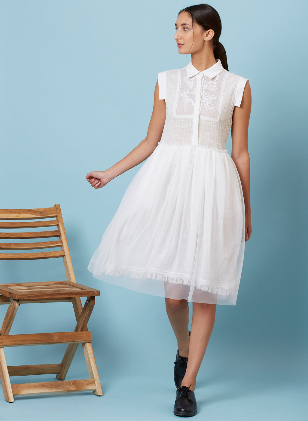 White Sleeveless Embroidered Shirt Dress