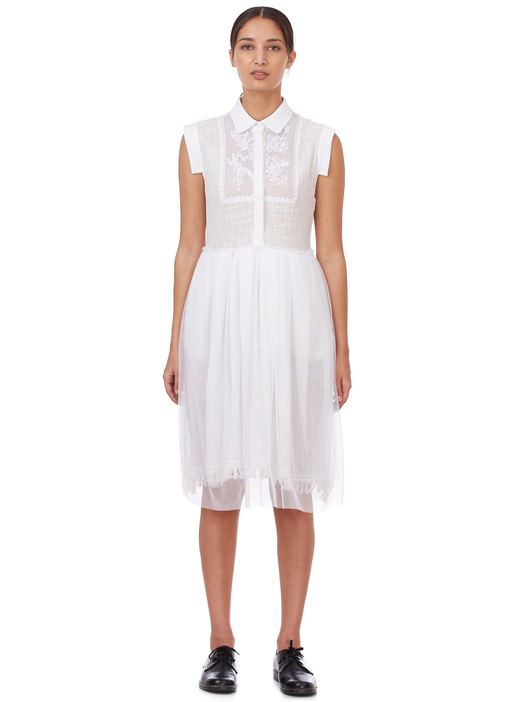 White Sleeveless Embroidered Shirt Dress