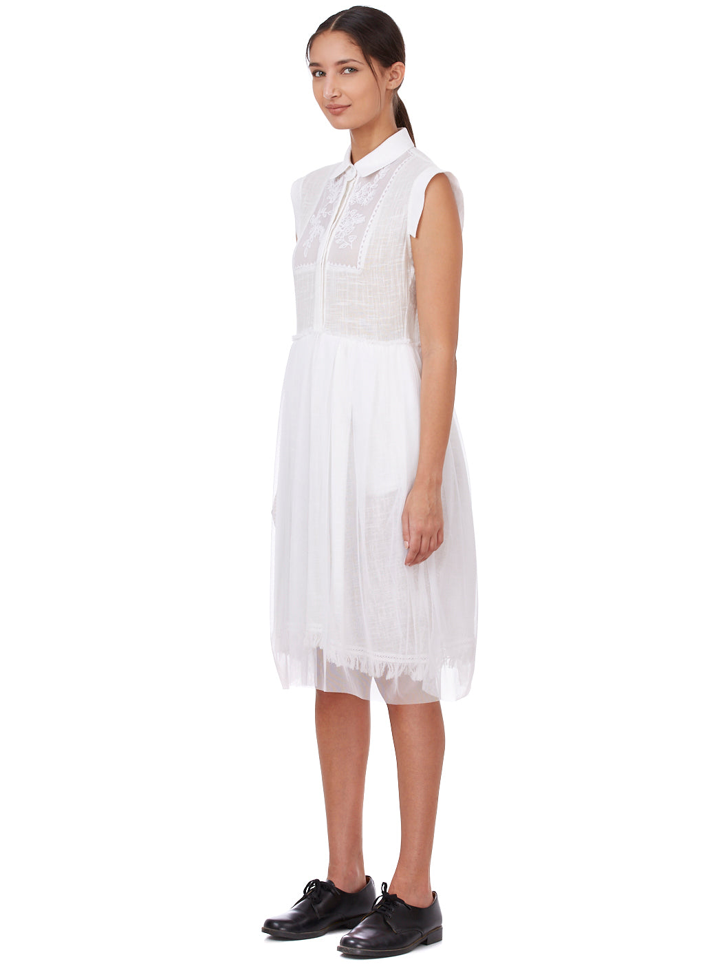 White Sleeveless Embroidered Shirt Dress