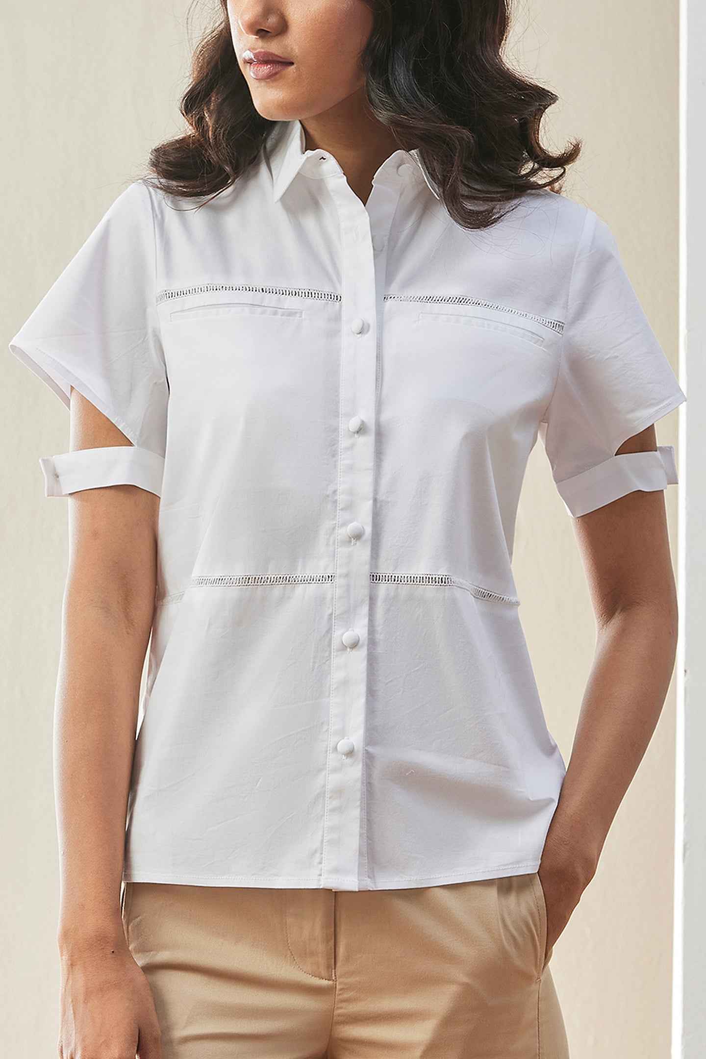 White Poplin Shirt with Cut-Out Sleeves