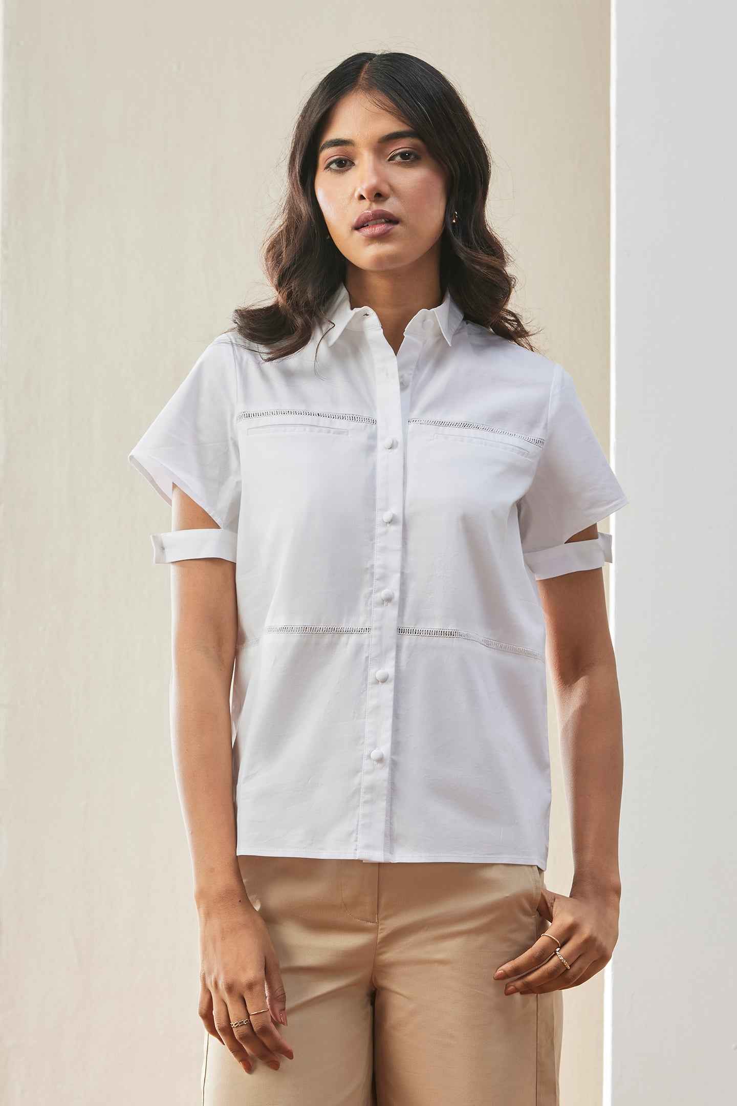 White Poplin Shirt with Cut-Out Sleeves