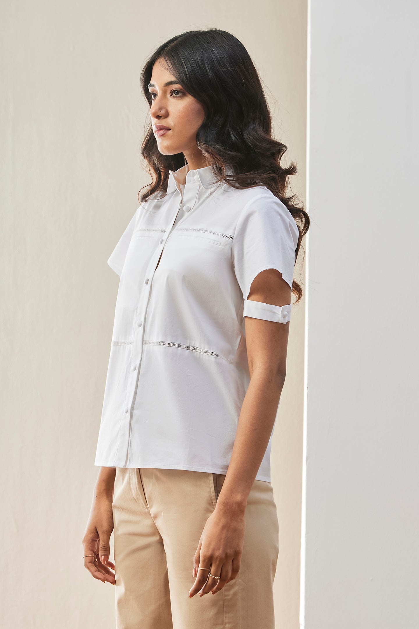 White Poplin Shirt with Cut-Out Sleeves