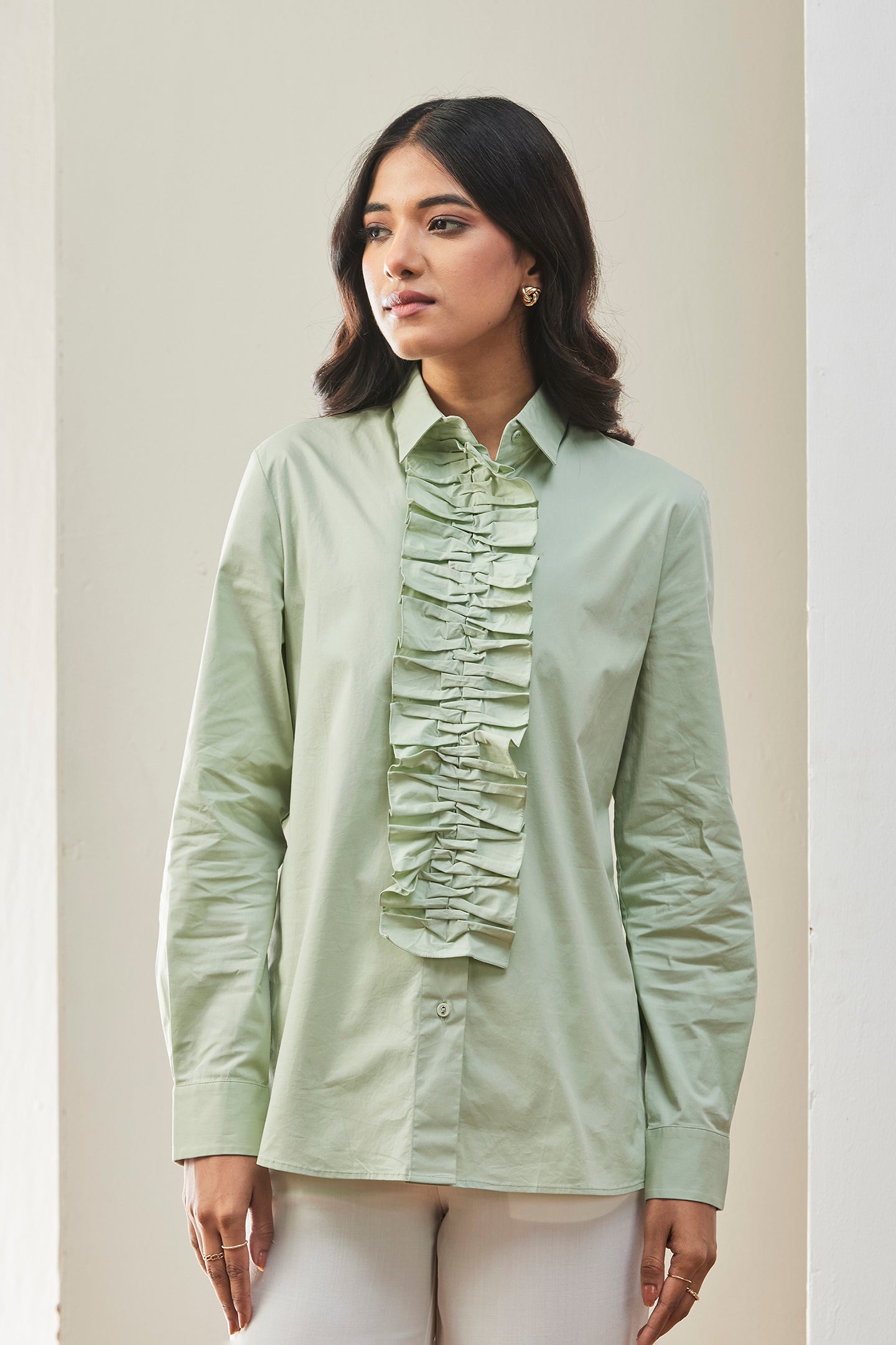 Green Classic Full Sleeves Top For Women