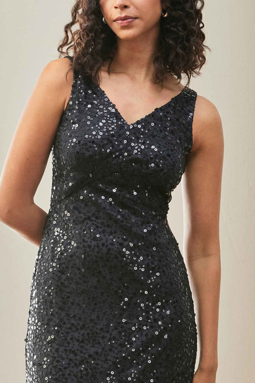Black Sequin Embellished Evening Gown