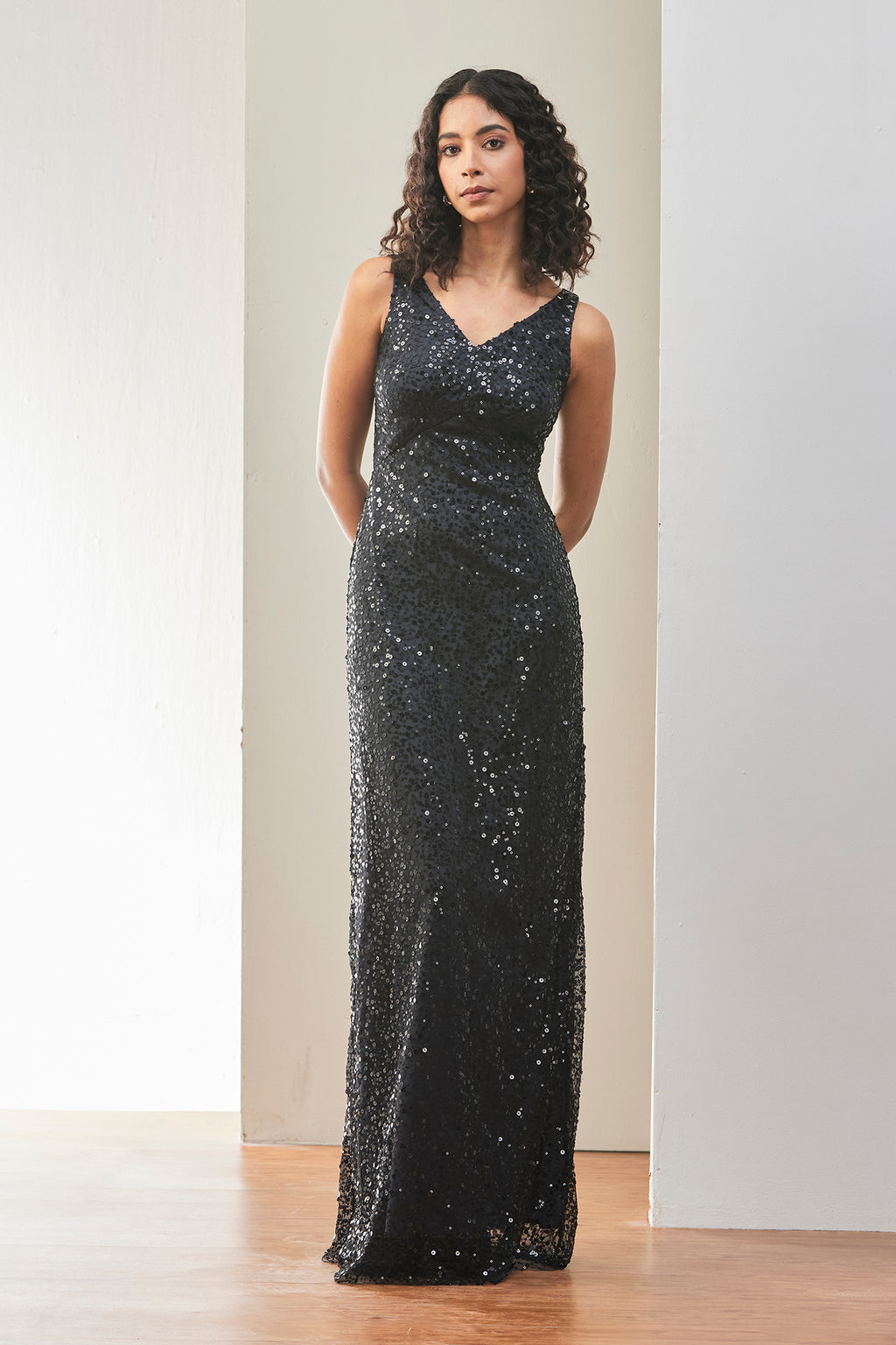 Black Sequin Embellished Evening Gown