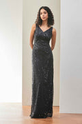 Black Sequin Embellished Evening Gown