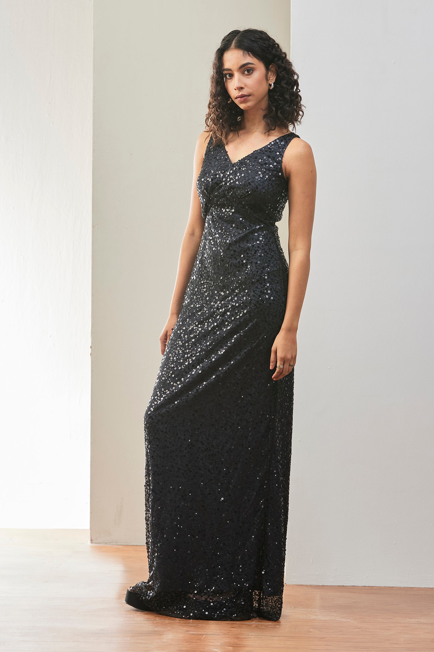 Black Sequin Embellished Evening Gown