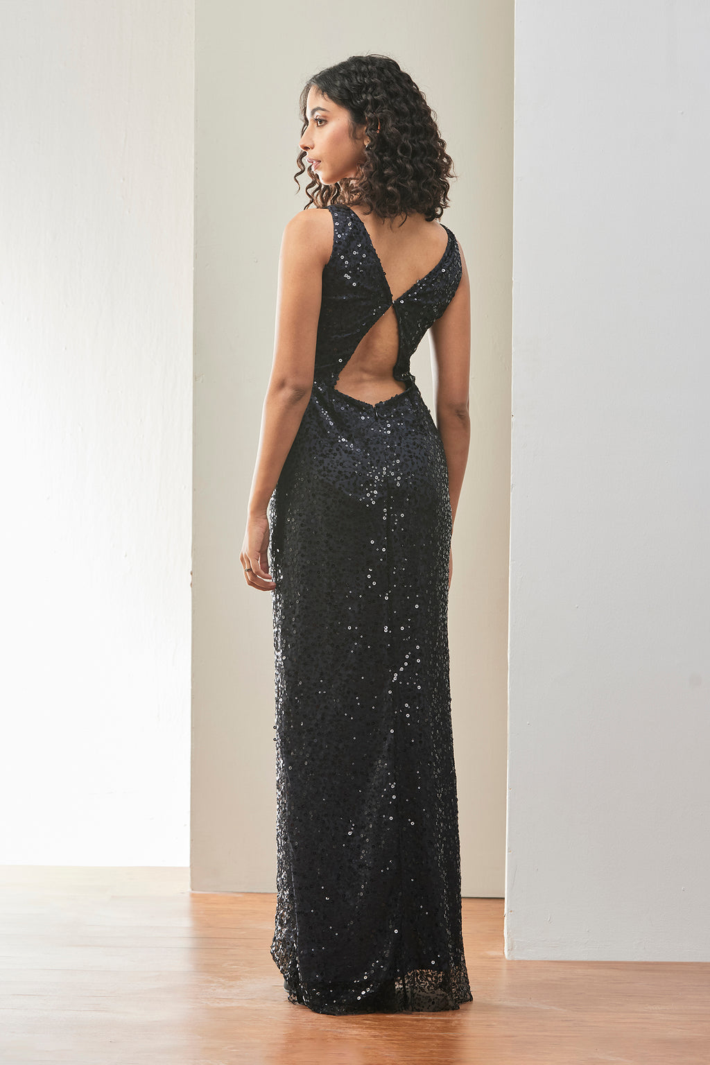 Black Sequin Embellished Evening Gown