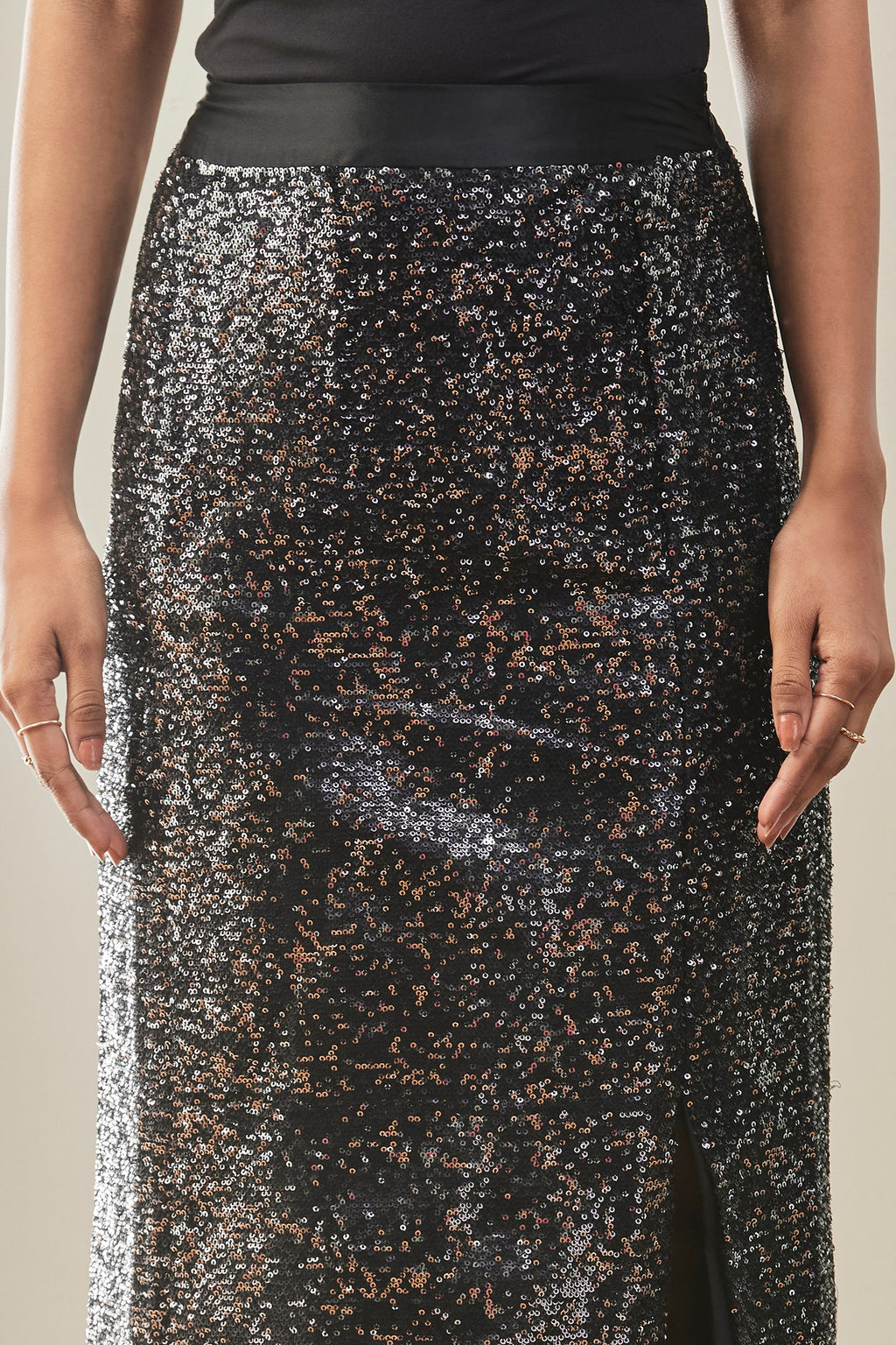 Black Sequin High-Slit Maxi Skirt