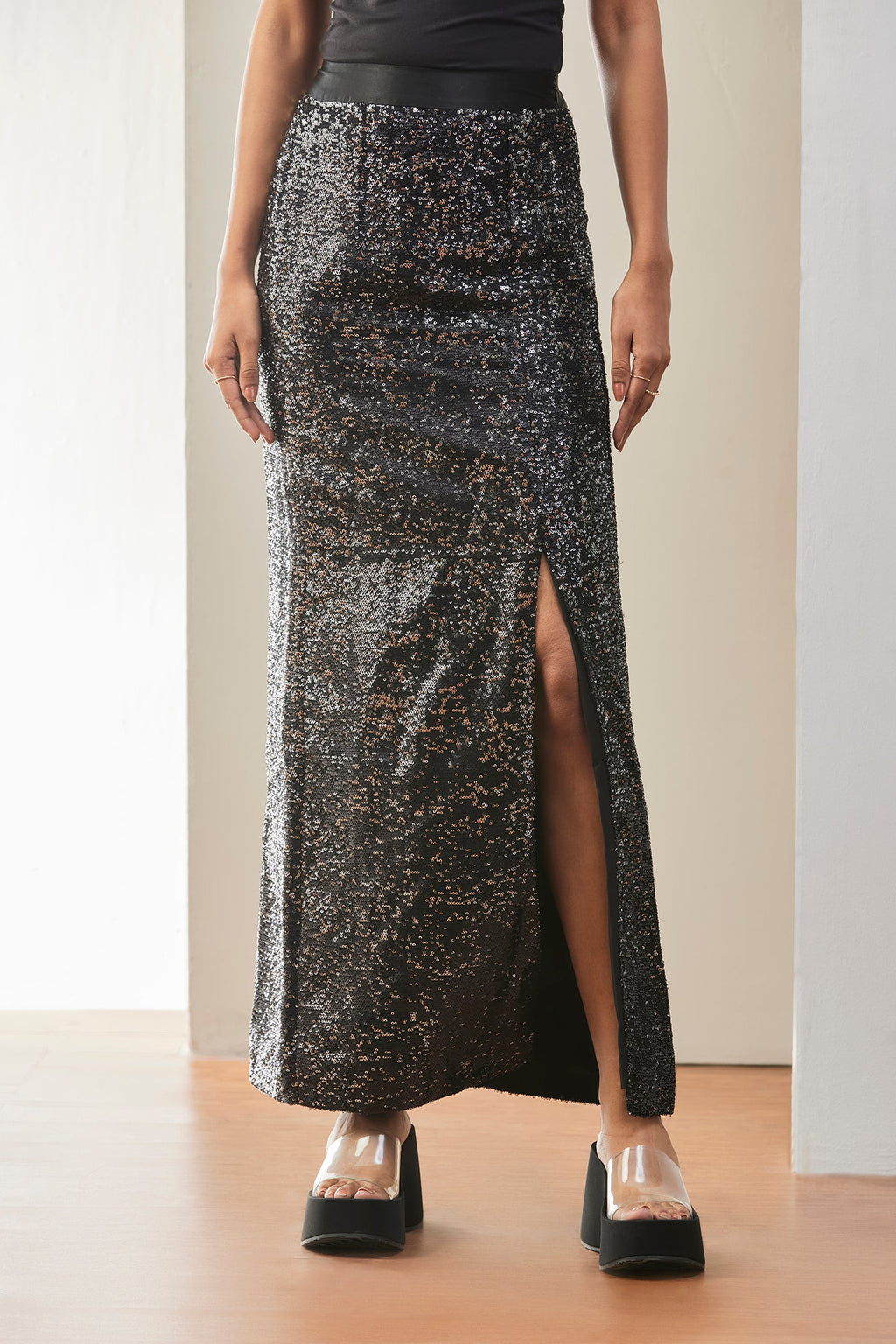 Black Sequin High-Slit Maxi Skirt