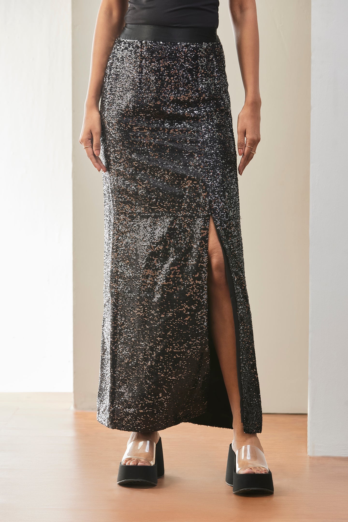 Black Sequin High-Slit Maxi Skirt