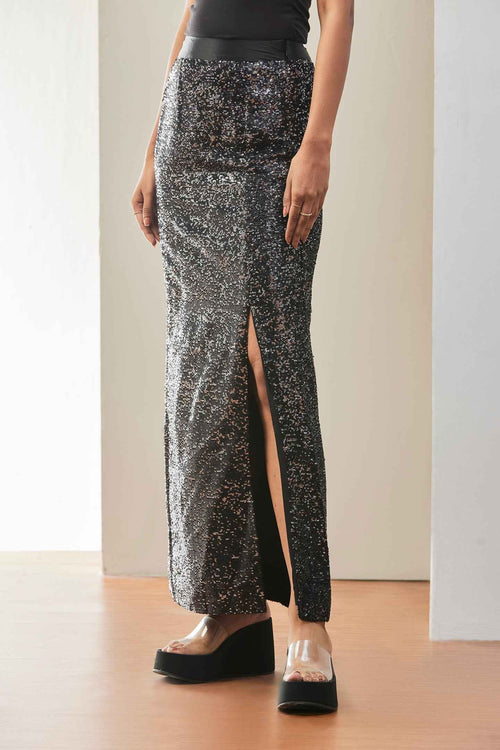Black Sequin High-Slit Maxi Skirt