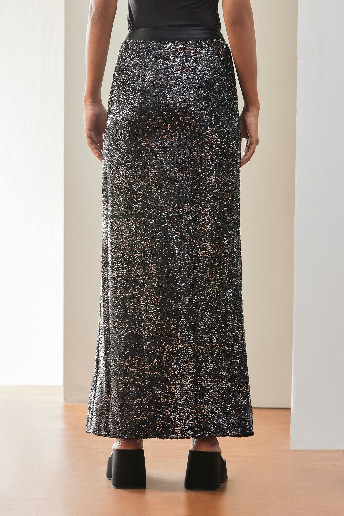 Black Sequin High-Slit Maxi Skirt