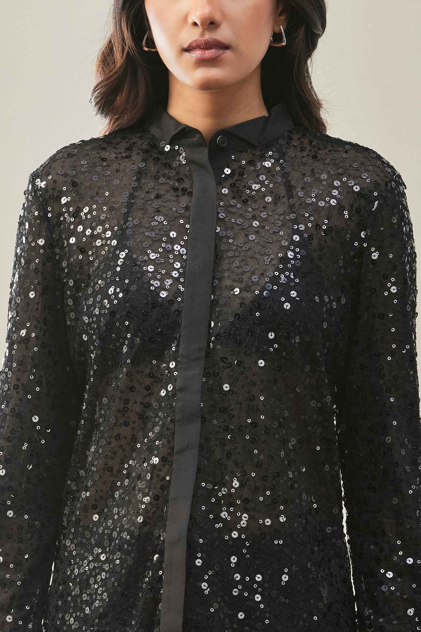 Black Sequin Sheer Shirt with Satin Placket