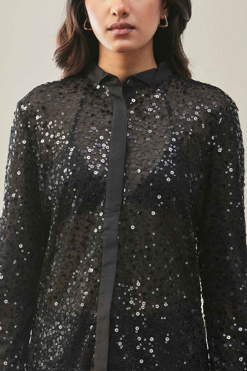 Black Sequin Sheer Shirt with Satin Placket