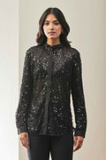 Black Sequin Sheer Shirt with Satin Placket