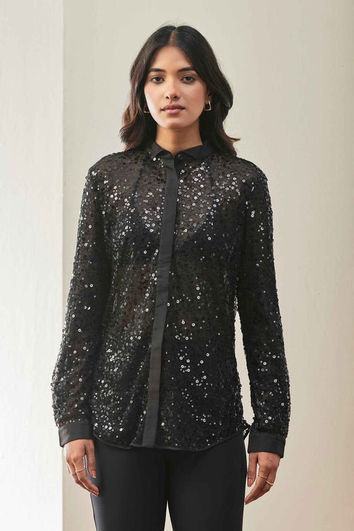 Black Sequin Sheer Shirt with Satin Placket