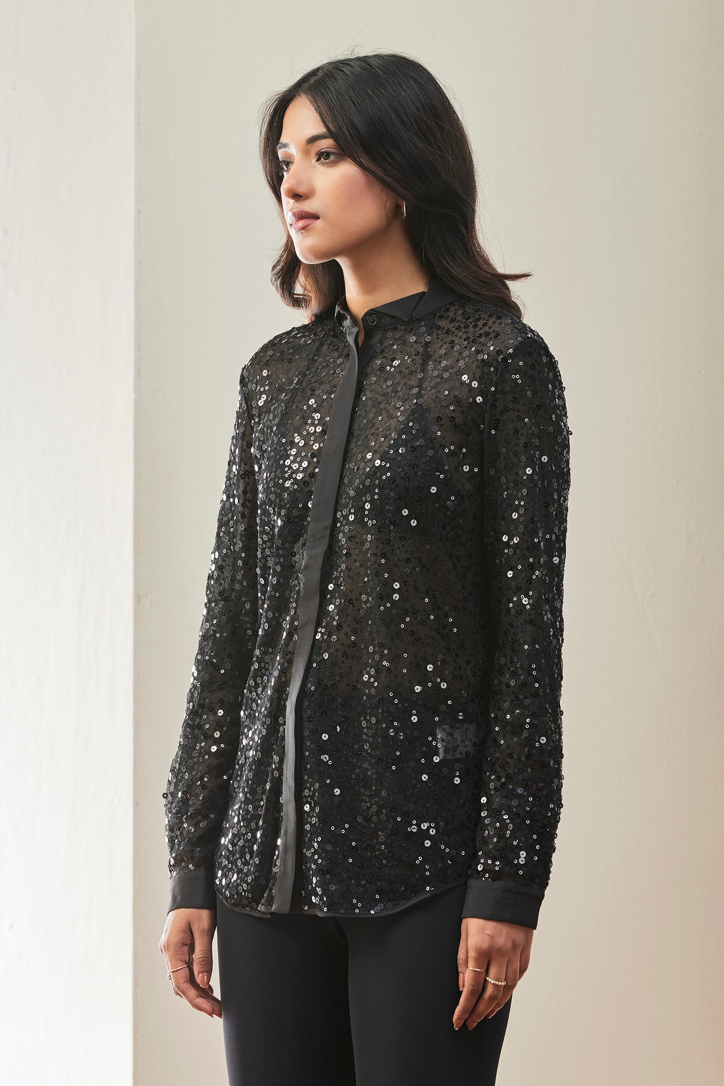Black Sequin Sheer Shirt with Satin Placket