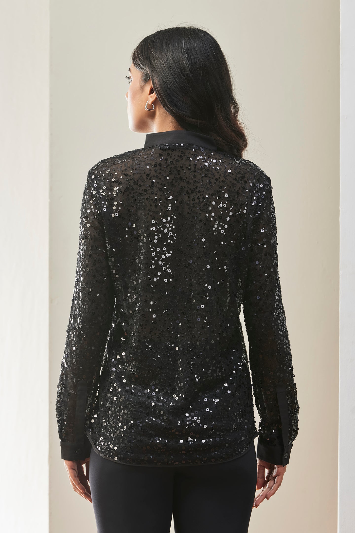 Black Sequin Sheer Shirt with Satin Placket