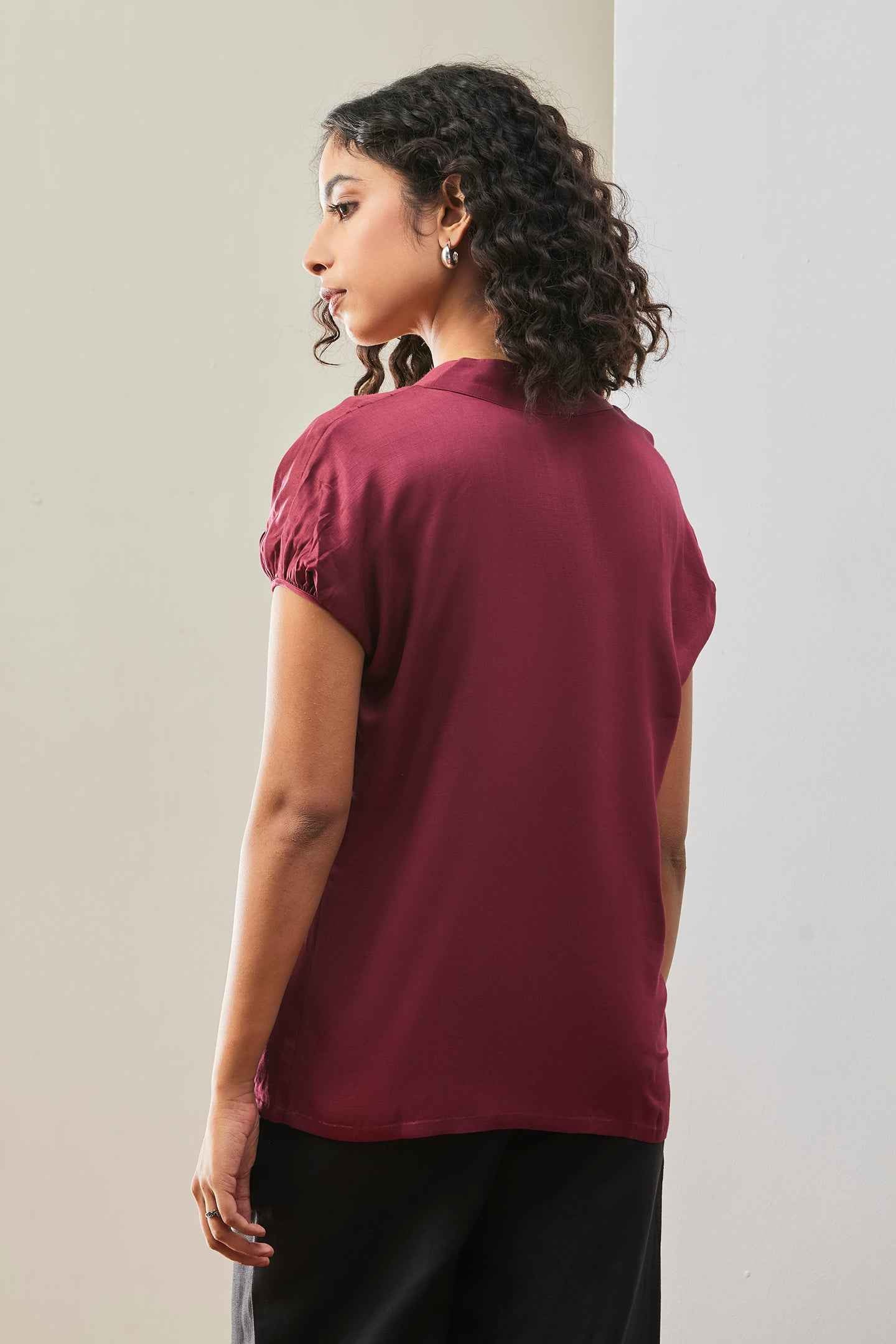Buttoned Elegance Wine Satin Top
