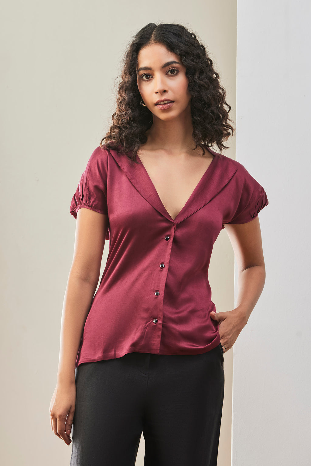 Buttoned Elegance Wine Satin Top