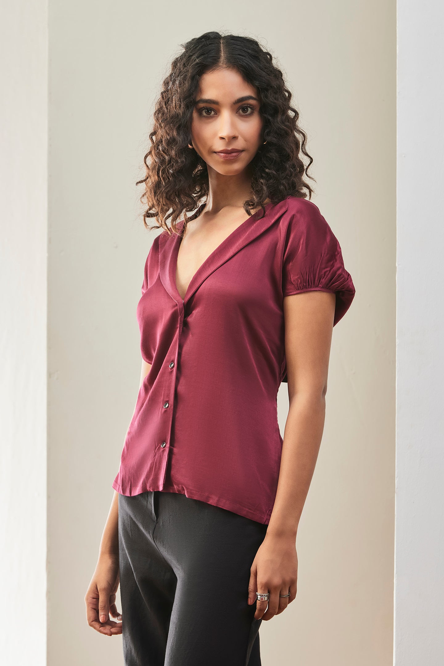 Buttoned Elegance Wine Satin Top
