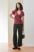 Buttoned Elegance Wine Satin Top