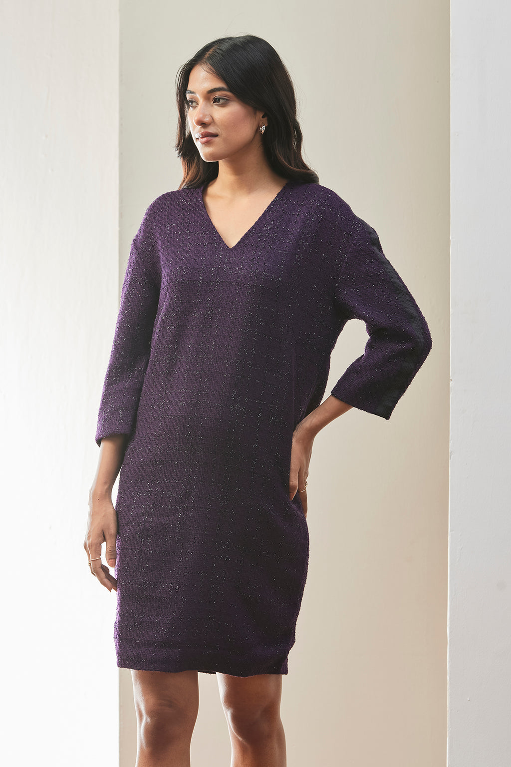 Plum Textured Knit Shift Dress Purple