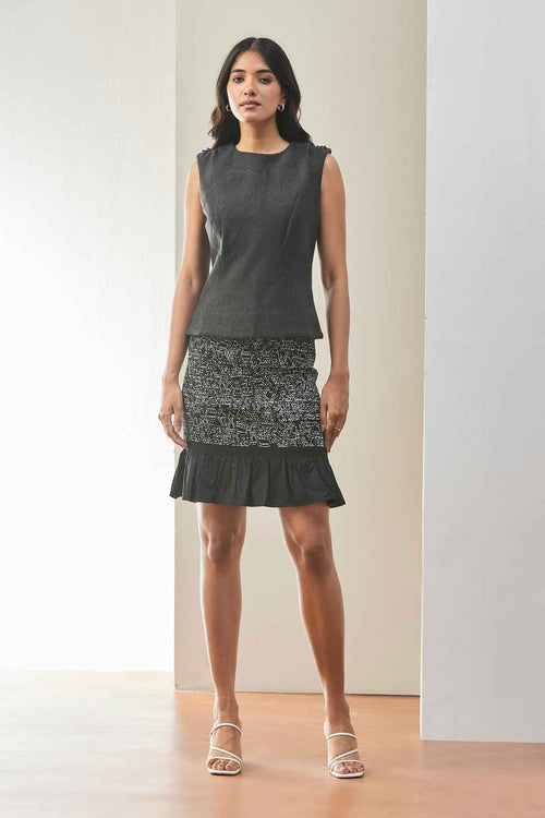 Black Sequin Tweed Skirt with Ruffle Hem