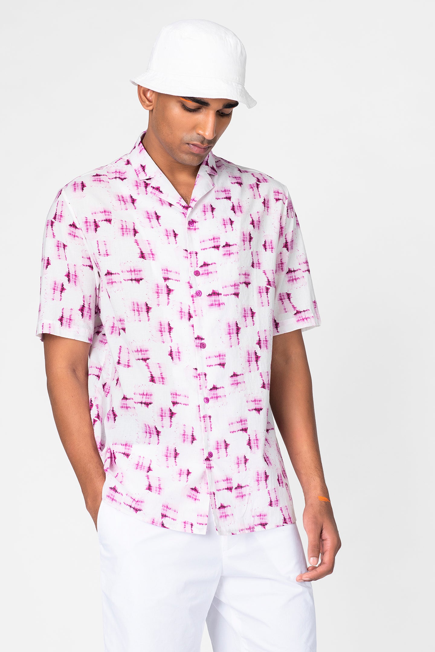 White & Pink Abstract Print Resort Shirt